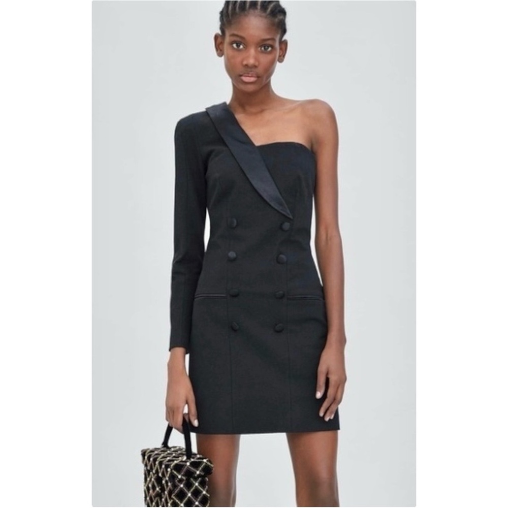 Zara Black One Shoulder Tuxedo Blazer Style Cocktail Mini Dress sz M - Picture 2 of 9